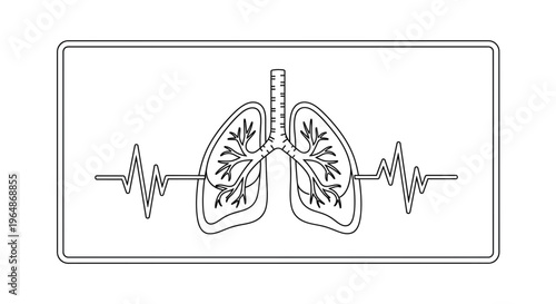 Minimalist line art depicting human lungs alongside a continuous electrocardiogram waveform