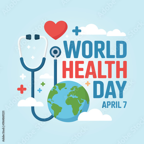 Celebrating World Health Day with a Stethoscope-Globe Heart Illustration in Bright Blue and Red