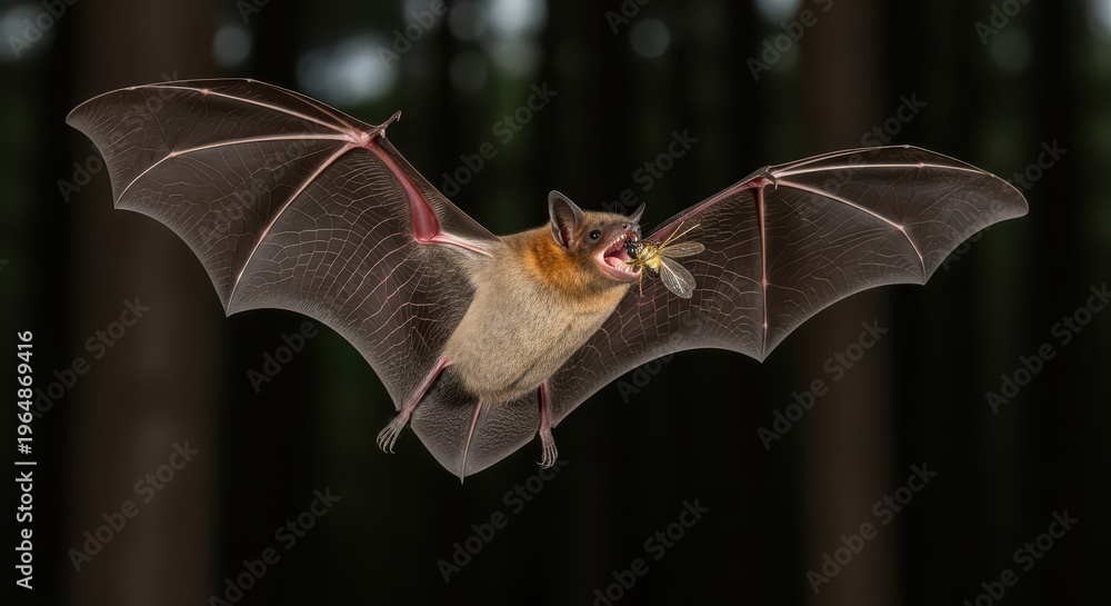 Obraz premium Small mammal predator captures flying insect during nocturnal flight