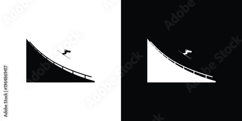 Black and white skier silhouette on rail slope