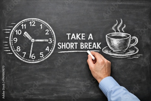 Man writing take a short break on blackboard with clock and coffee cup. Motivation message for work-life balance and stress relief