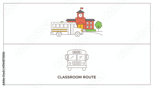 School Bus Arriving at School Building, Classroom Route Illustration