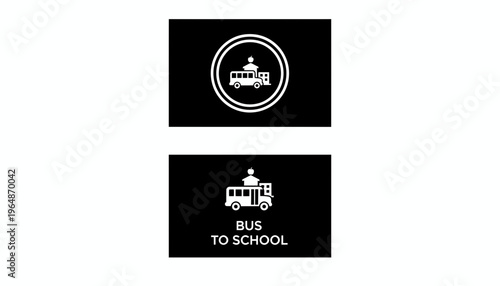 School Bus Icon and Graphic with Text 'Bus to School' on Black Background
