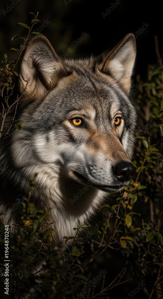 Obraz premium Majestic canine predator peers intently from deep within shadowed foliage.
