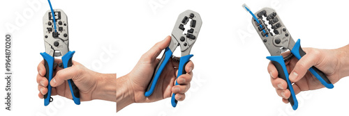 Quadro su tela Hand holding professional wire crimping tool set for networking and electrical c