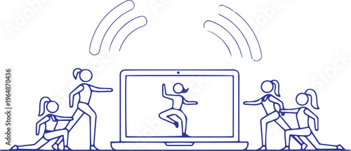 A group of diverse women engaging in a synchronized fitness routine while observing an online workout session displayed prominently upon a modern laptop screen that is broadcasting signal waves above 