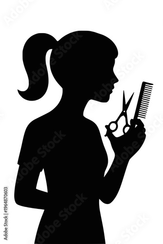 Female hairdresser holding scissors and comb silhouette vector illustration