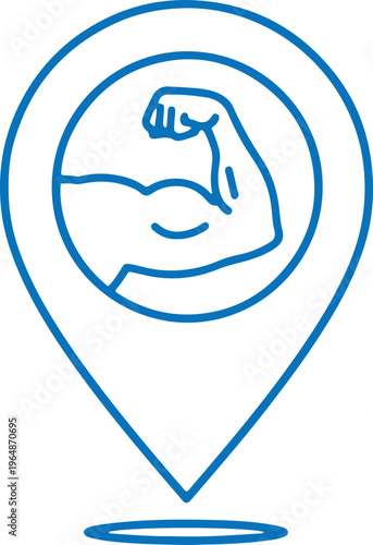 A vibrant blue map marker icon featuring a stylized muscular arm flexing its bicep inside the central circular area which serves as a symbolic representation of finding physical strength fitness cente