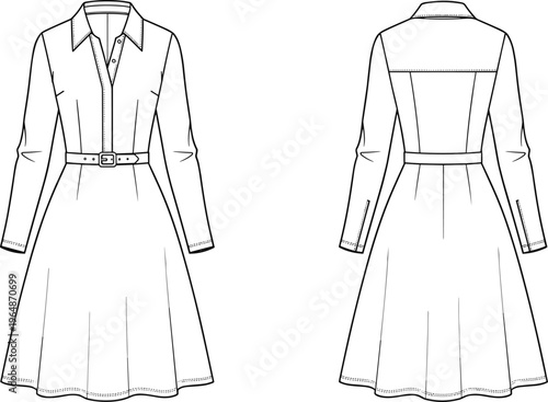 Web"Technical fashion flat sketch of women’s collared long-sleeve dress with button placket, waist belt, fitted bodice, flared skirt, front and back garment construction illustration"