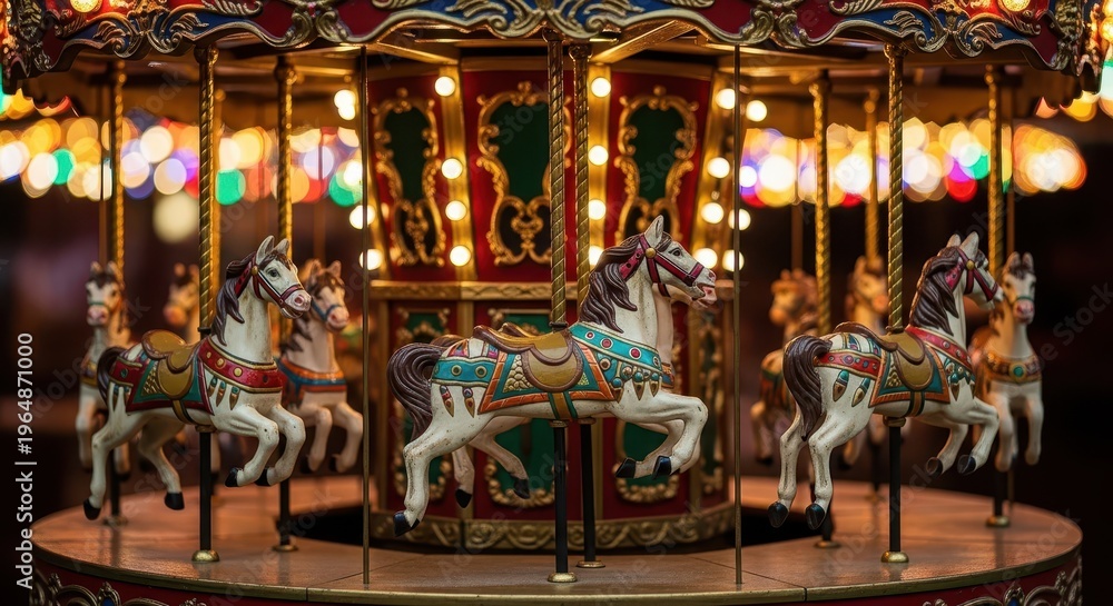 Fototapeta premium Miniature rotating ride featuring intricately decorated toy horses glows with warm lights in the dark