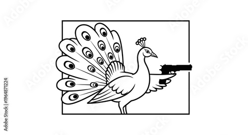 Peacock Holding Gun, Aggressive Bird, Threatening Animal, Cartoon Style