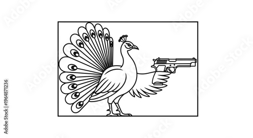 Peacock holding a handgun, surreal animal illustration, unusual combination