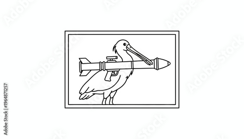 Pelican holding a rocket launcher, surreal, funny, cartoonish, black and white