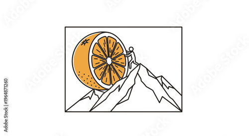 Person Pushing Giant Orange Half Up Mountain Peak, Healthy Lifestyle Concept