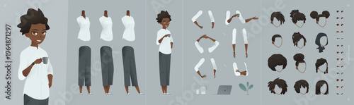 Woman Character Set for Business Animation with Female Illustration in An Office, Back to Desk and Bag in Pose for Professional Design Kit. Standing Young Professional with Happy Expression