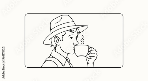 Man in Hat Drinking Hot Coffee from Cup, Enjoying Morning Beverage