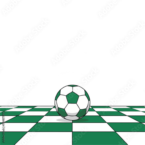 A single soccer ball on a stylized green field with a vast white sky, clean and simple aesthetic, professional studio lighting, calm yet expectant mood, limited palette of forest green and