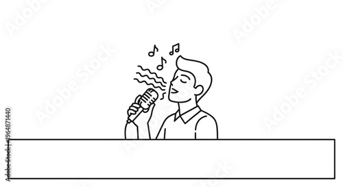 Man singing into microphone with musical notes, performing on stage, live music, vocal performance