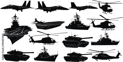 WebCollection of military silhouette illustrations featuring fighter jets, helicopters, tanks, battleships, and aircraft carriers, showcasing armed forces equipment, defense technology, 