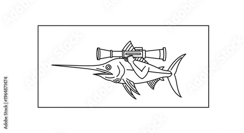 Marlin Fish with Rocket Launcher, Surreal Underwater Warfare Concept, Cartoon Style