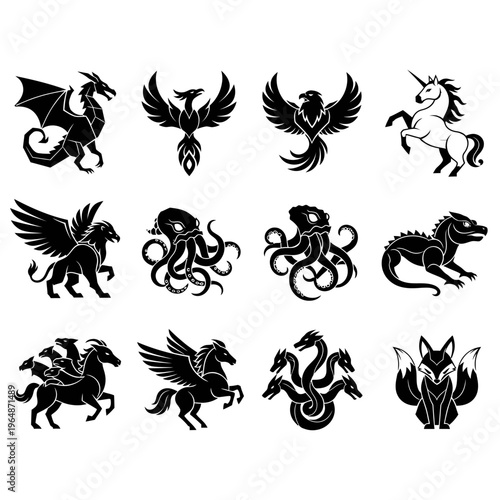 Mythical creatures and fantasy beasts in a collection of black silhouettes.