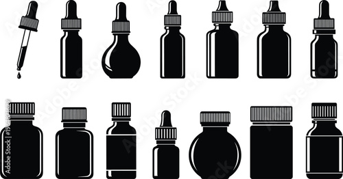 WebCollection of twelve bottle and dropper silhouette illustrations featuring medicine containers, essential oil vials, and laboratory sample designs for pharmaceutical, cosmetic, 