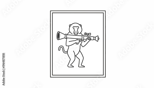 Monkey Holding Rocket Launcher, Cartoon Style, Funny Animal Illustration