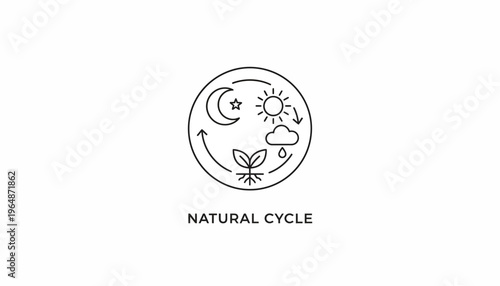Natural Cycle Icon: Sun, Moon, Cloud, Rain, Plant Growth, Day and Night