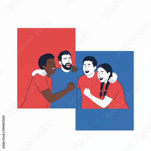 Minimalist flat vector of four diverse fans in blank jerseys hugging and cheering. Joyful euphoric mood, high key lighting. Solid color blocks of red and blue with expansive white negative
