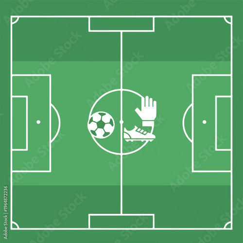Flat vector aerial view of a stylized soccer field with simplified shapes of soccer gear. Geometric precision, clean lighting, professional render. Minimalist block colors of emerald green and