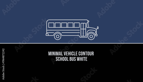 Minimalist white school bus contour icon on blue and black background