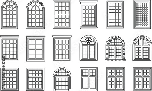 WebCollection of sixteen architectural window illustrations featuring diverse designs, pane arrangements, decorative trims, and geometric styles for construction, home design, and architectural 