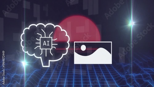 White stroke drawing brain icon, revealing AI microchip, cycling icons over neon grid for tech demo