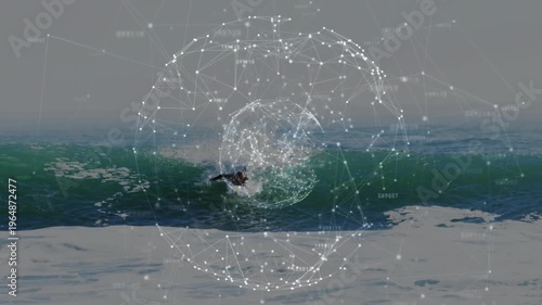 Surfer on board paddling to catch wave outside break, wave approaching while data overlay aligning