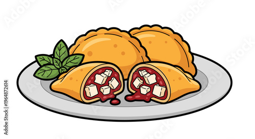 Golden baked empanadas with savory filling and fresh mint leaves served on a white plate delicious pastry snack