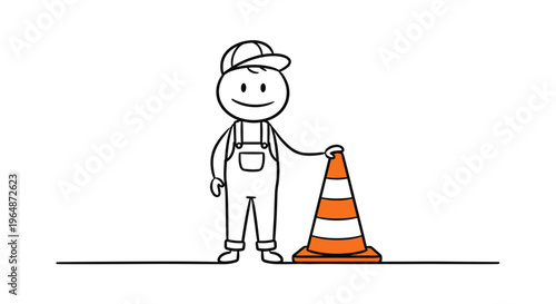 Cartoon construction worker in overalls and cap standing next to a bright orange traffic cone simple line art