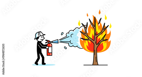 Cartoon firefighter bravely extinguishes a large burning tree with a red fire extinguisher spraying white foam
