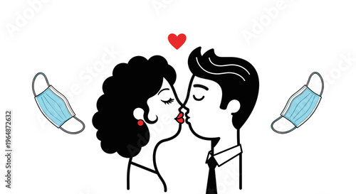 Couple kissing passionately with medical face masks on sides symbolizing love triumphing over pandemic romantic