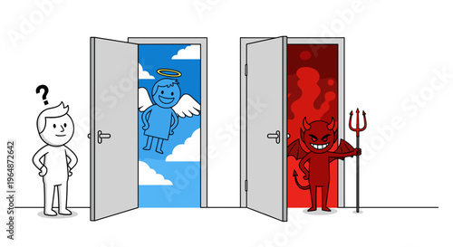 Confused man faces two open doors one revealing a friendly angel in a blue sky the other a devil with a pitchfork