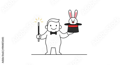 Charming cartoon magician holding a wand with sparkles and pulling a happy bunny from a top hat