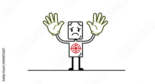 Cartoon character with target on chest and sad face hands raised in surrender isolated on white background