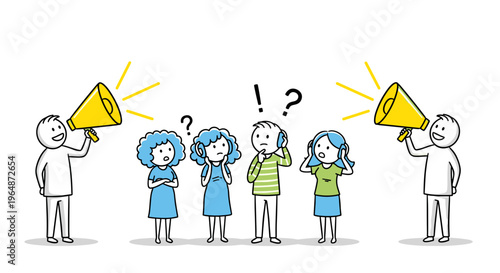 Diverse group of people confused by conflicting messages from two megaphones on white background communication chaos