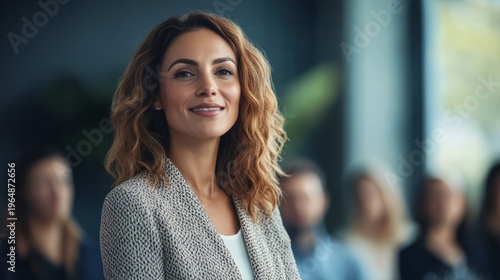 close up of confident woman leading presentation generative ai