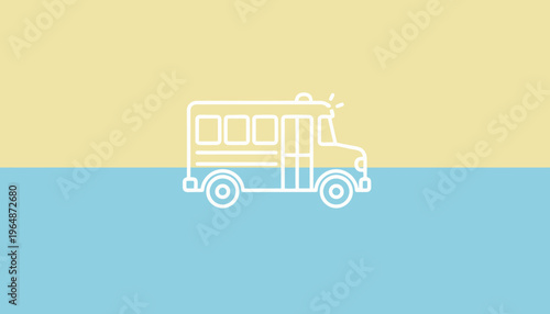 Minimalist school bus icon on a split yellow and blue background, simple cartoon style