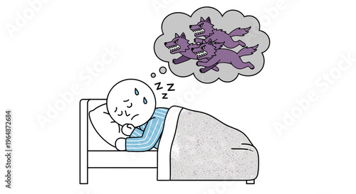 Person experiencing a nightmare about scary wolves while sleeping peacefully in bed illustrating fear and anxiety