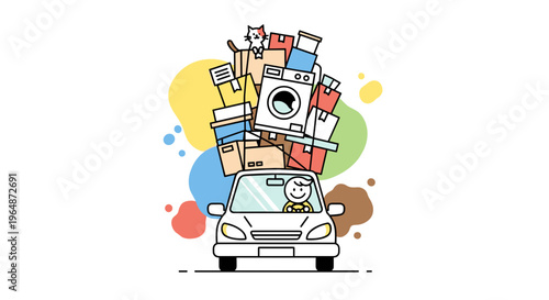 Happy driver overloaded with moving boxes and appliances in a car symbolizing relocation moving day and busy transport
