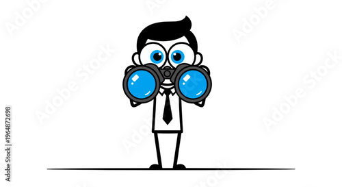 Cartoon businessman with big blue eyes and black hair wearing a suit and tie holding large binoculars and looking