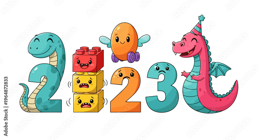 Fototapeta premium Cute cartoon numbers 123 with smiling cartoon dragon bird and building blocks perfect for children's educational