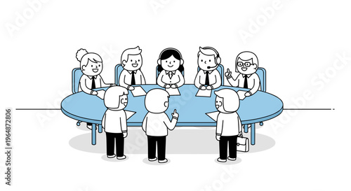 Diverse group of professionals in a modern meeting room seated around a large oval table engaged in discussion