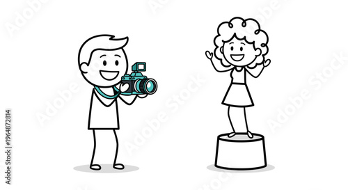 Creative artist captures vibrant performance artist dancing on pedestal with vintage camera celebrating joy